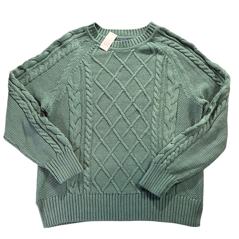 NWT GAP Women Green Cable Knit Sweater Crew Neck Long Sleeve Size‎ Medium